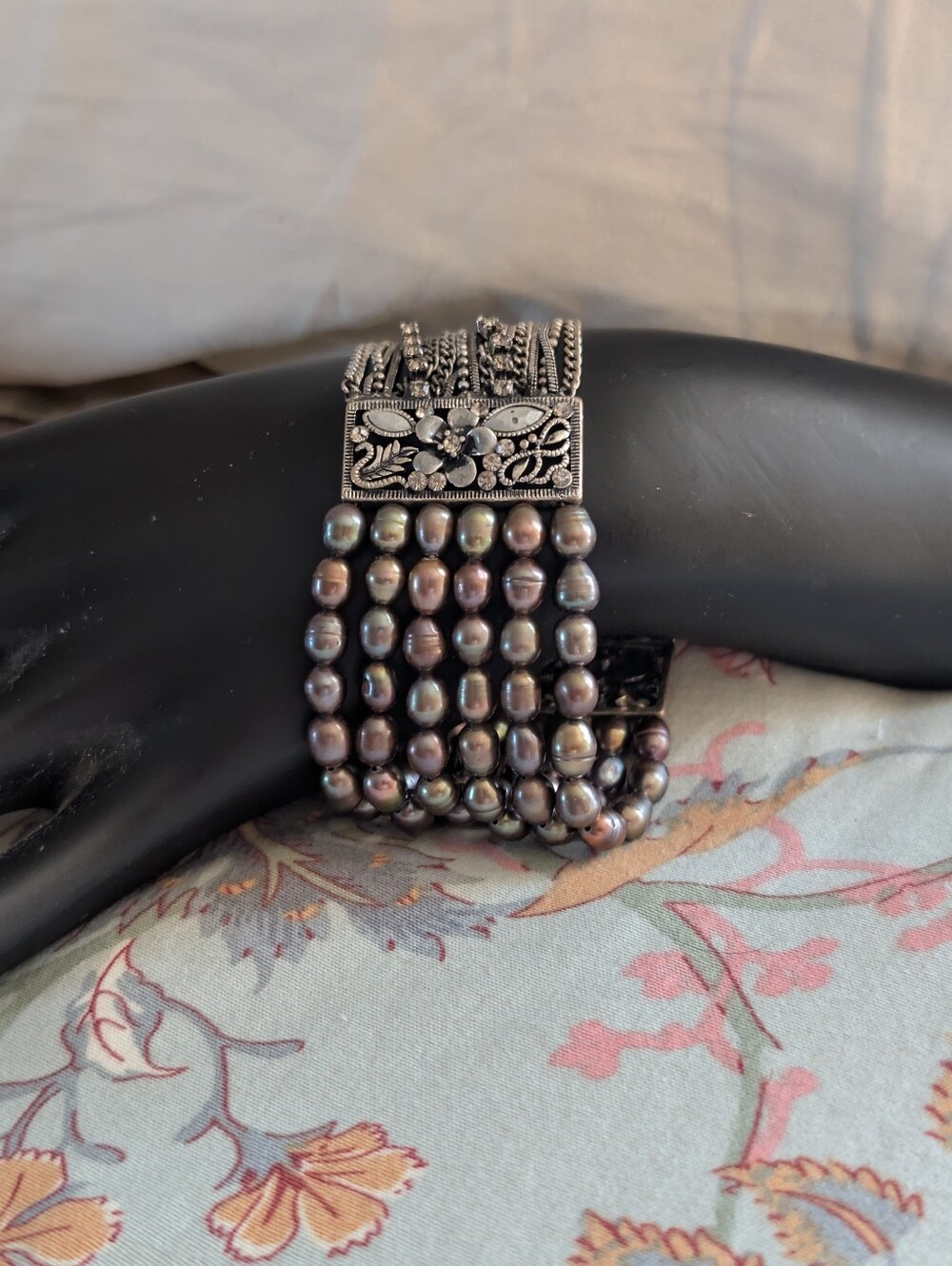 Multi-Strand Black Pearl Bracelet with Ornate Silver Clasp